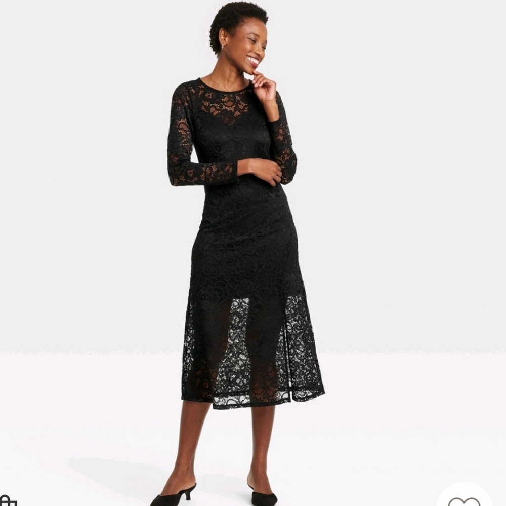 Women's Long Sleeve Midi Lace Dress - A New Day Black Floral S